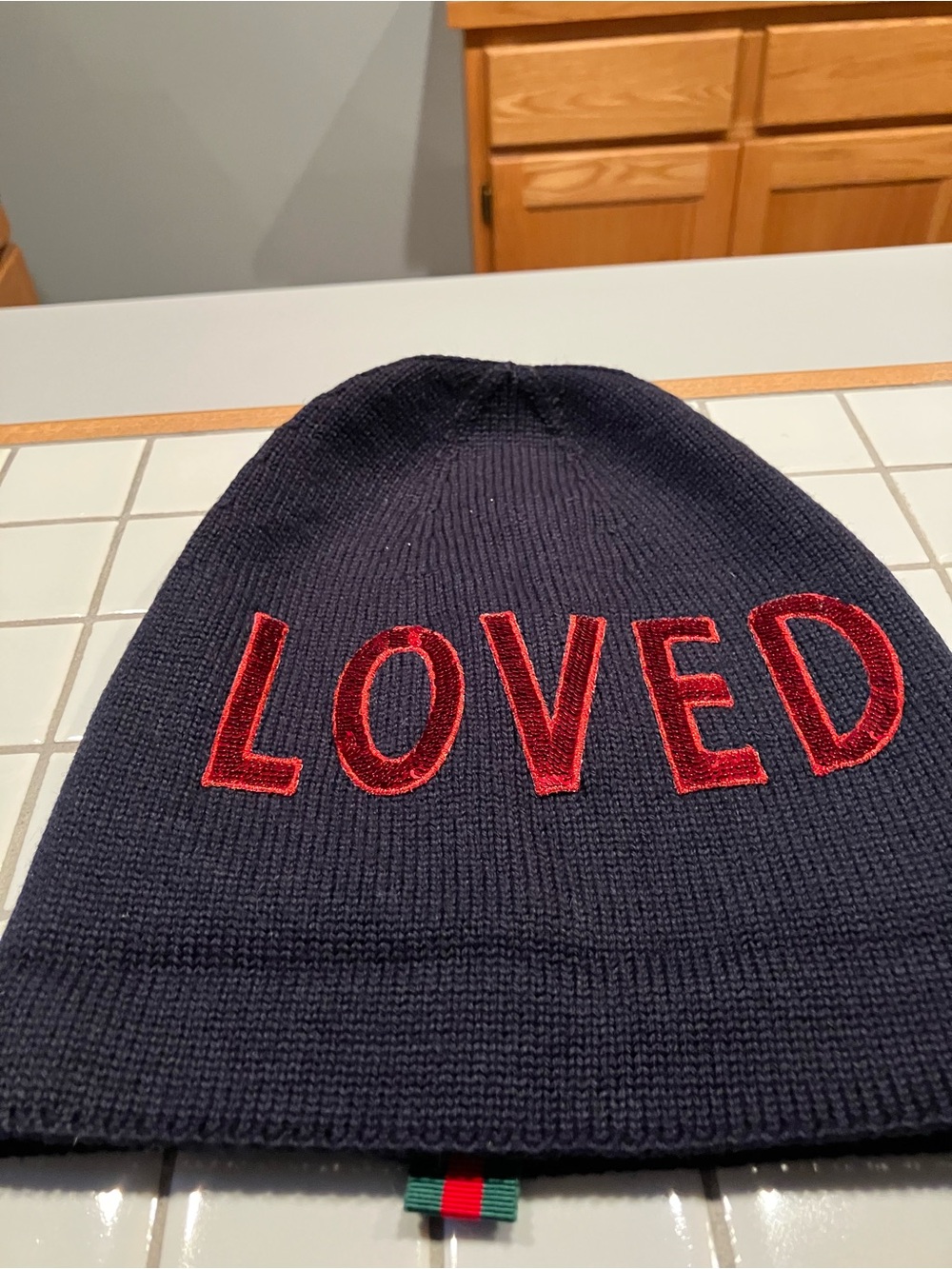 Gucci Beanie with Red "LOVED" Embroidery